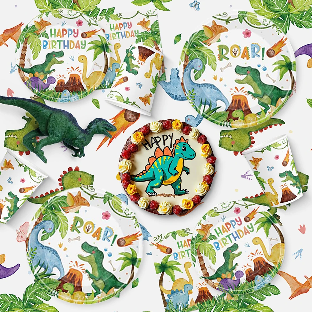 20/40 Stück Dinosaurier-Geburtstagsdekoration, Tischgeschirr, Aquarell-Dinosaurier-Pappteller, Servietten für Jungen, Kinder, Dino-Party-Dekorationszubehör – Detail 1