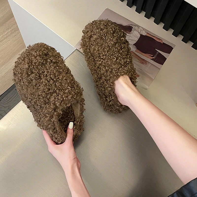 Fur Shoes Flock Winter Woman Slipper Pantofle Med Platform Cover Toe Slides Plush 2023 Rome Hoof Heels House Slippers Shoes