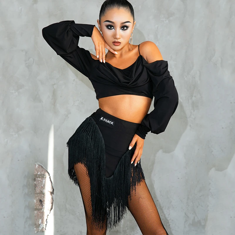 Sexy Latin Dance CLothes Women Practice Wear Loose Black Tops Fringe Skirt Cha Cha Rumba Samba Dress Performance Costume BL19089