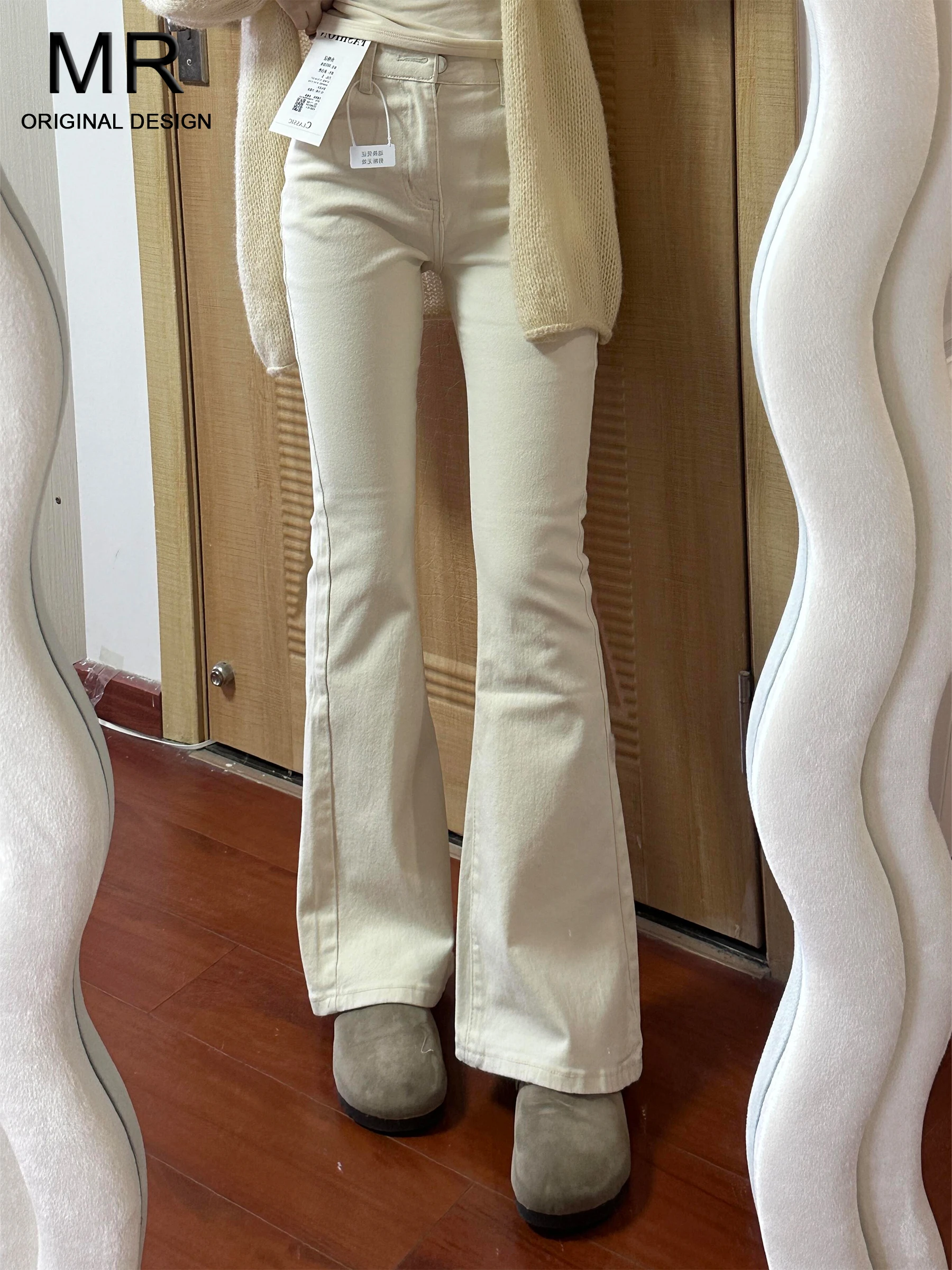 

Женские джинсы-клеш с высокой талией, летние, новые, свободные, утягивающие, длиной до щиколотки, расклешенные, цвета мид-беж, в американском стиле