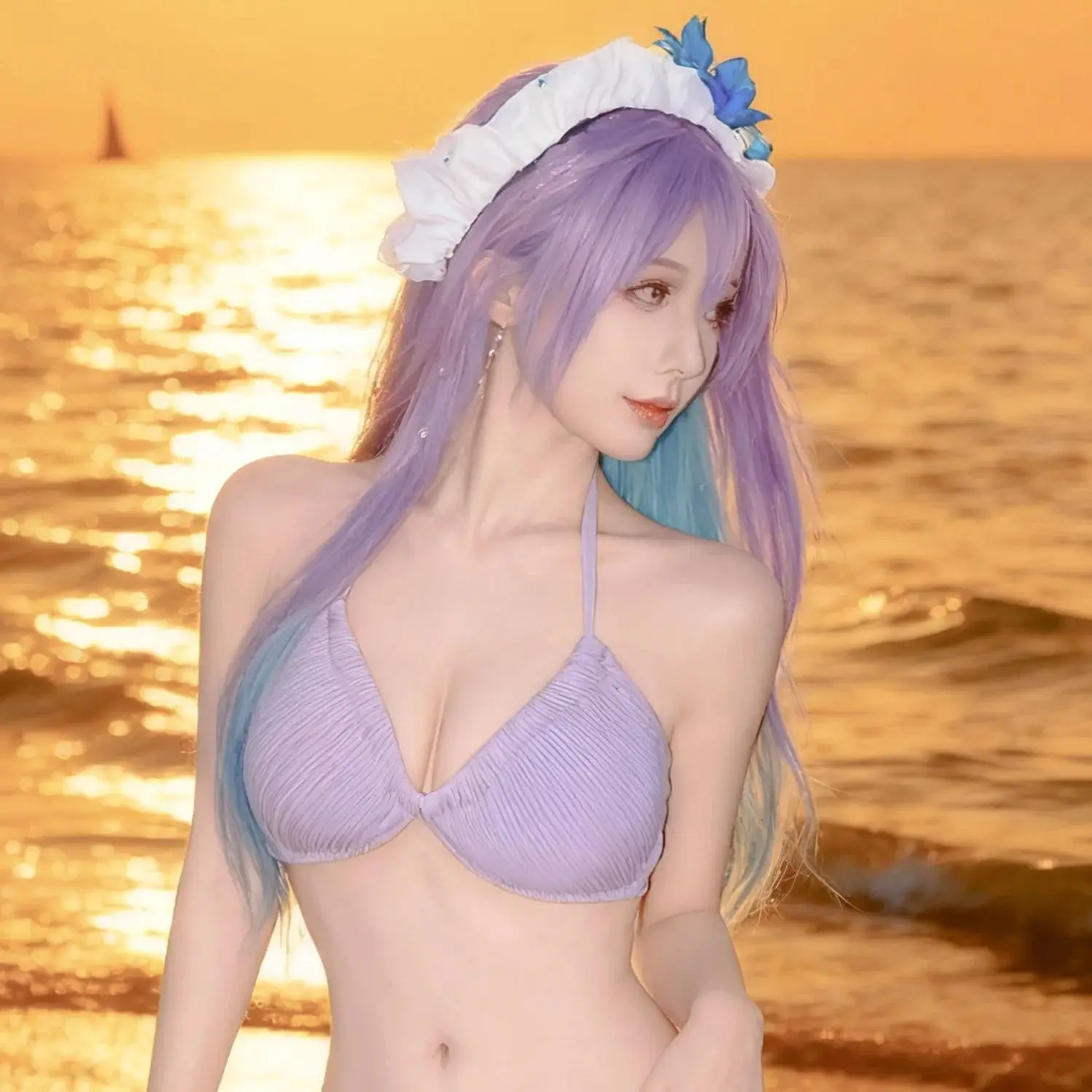 

Game Wuthering Waves Cantarella Cosplay Wig 90CM purple mixed blue long hair Synthetic Wig+Wig cap Party Halloween Wig