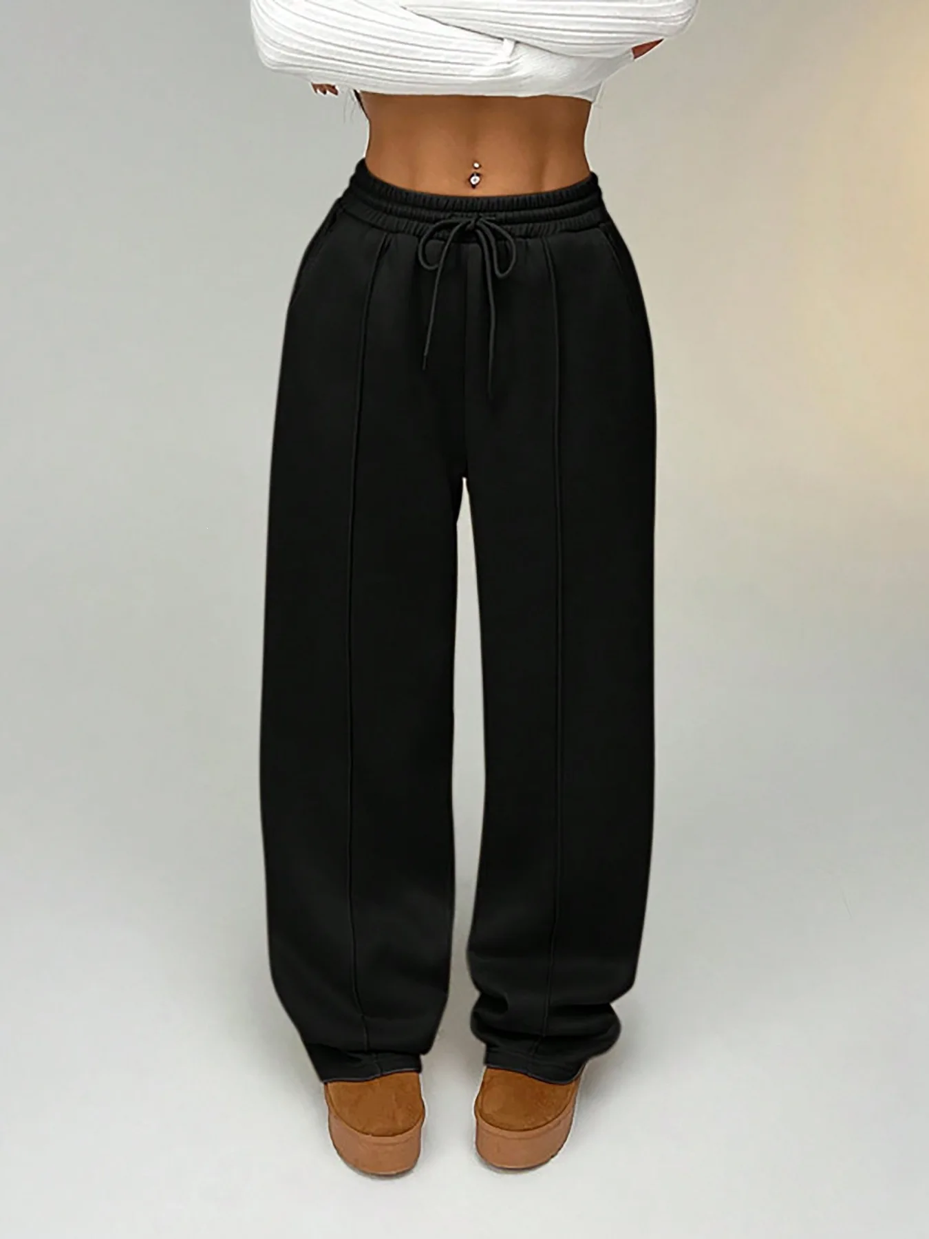 Front Vertical Stitch Design Sweat Pants Elasticated Waist Self-Tie Baggy Wide Leg Full Length Draped Relaxed Fit Streetwear Jog