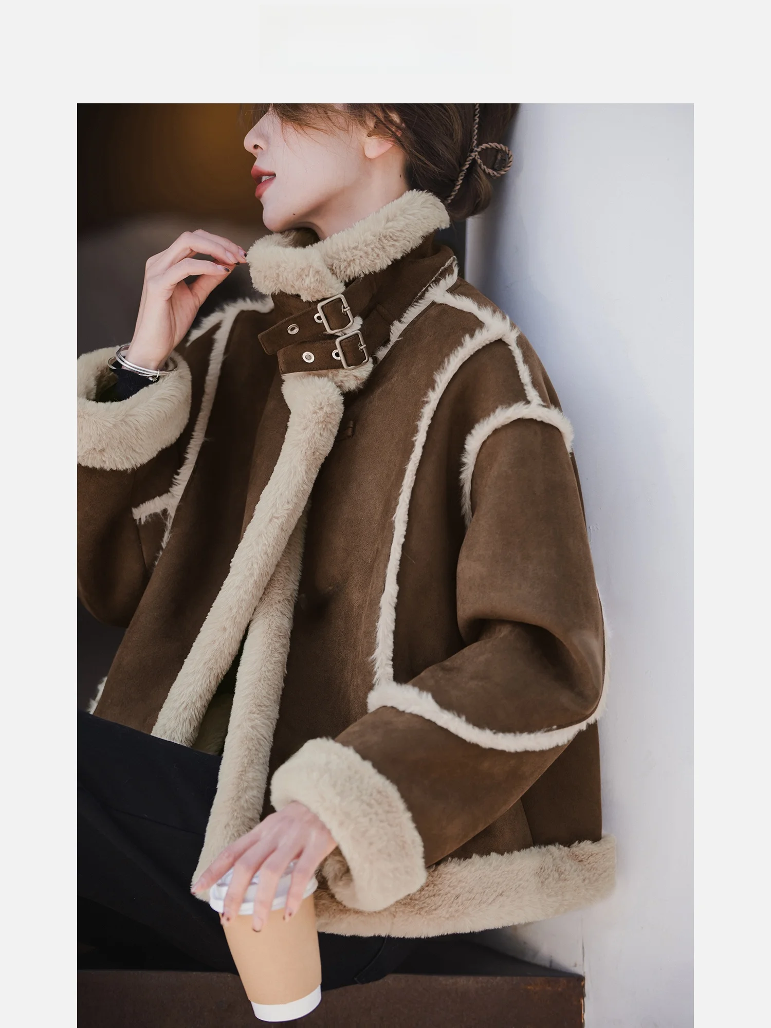 Pastoral Sle ort Coat Women's Autumn Winter New Faion Color Blo Faux Leather Fur Inteated Jaet American Sle Pol...