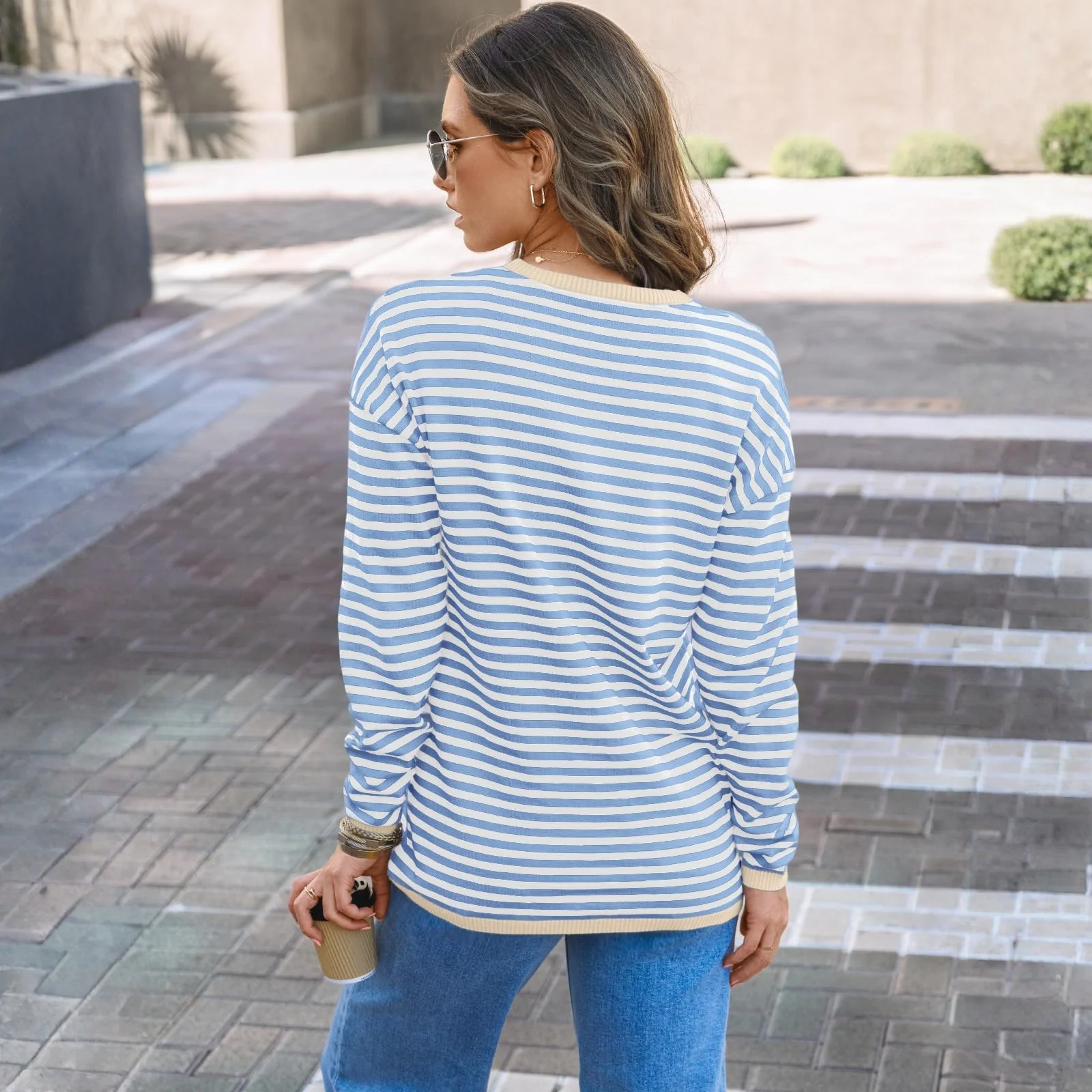 

Женские топы Футболки Синие и белые полосатые топы с круглым вырезом Женские повседневные топы Повседневная уличная универсальная одежда для поездок на работу