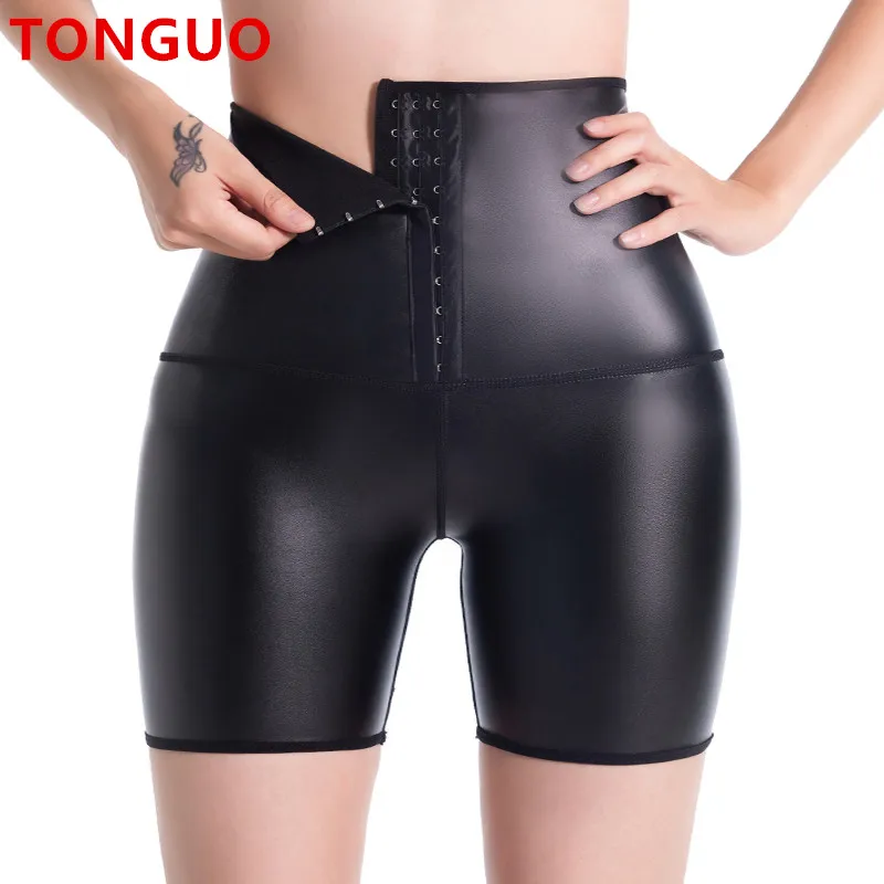 TONGUO Faux Leather Legging for Women Body Shaper High Waisted Pleather Pants Stretch Tights with Pockets 3hook Shorts Shapewear