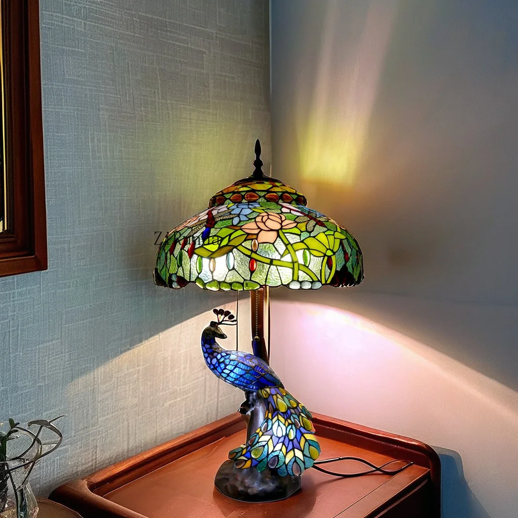 Unique stained glass dome lampshade, AC powered desk lamp with peacock base, suitable for reading on bedside tables