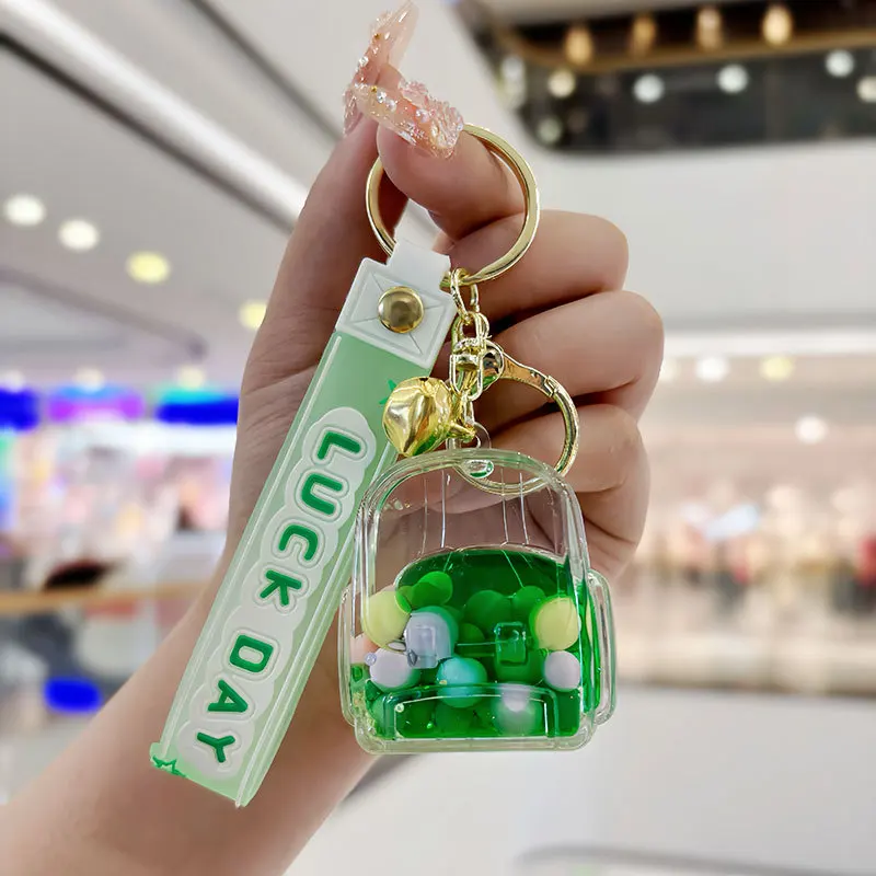 Cute Color School Bag Liquid Keychain Kawaii Liquid Quicksand Keychains Wrist Lanyard Wristlet Strap for Girl Woman