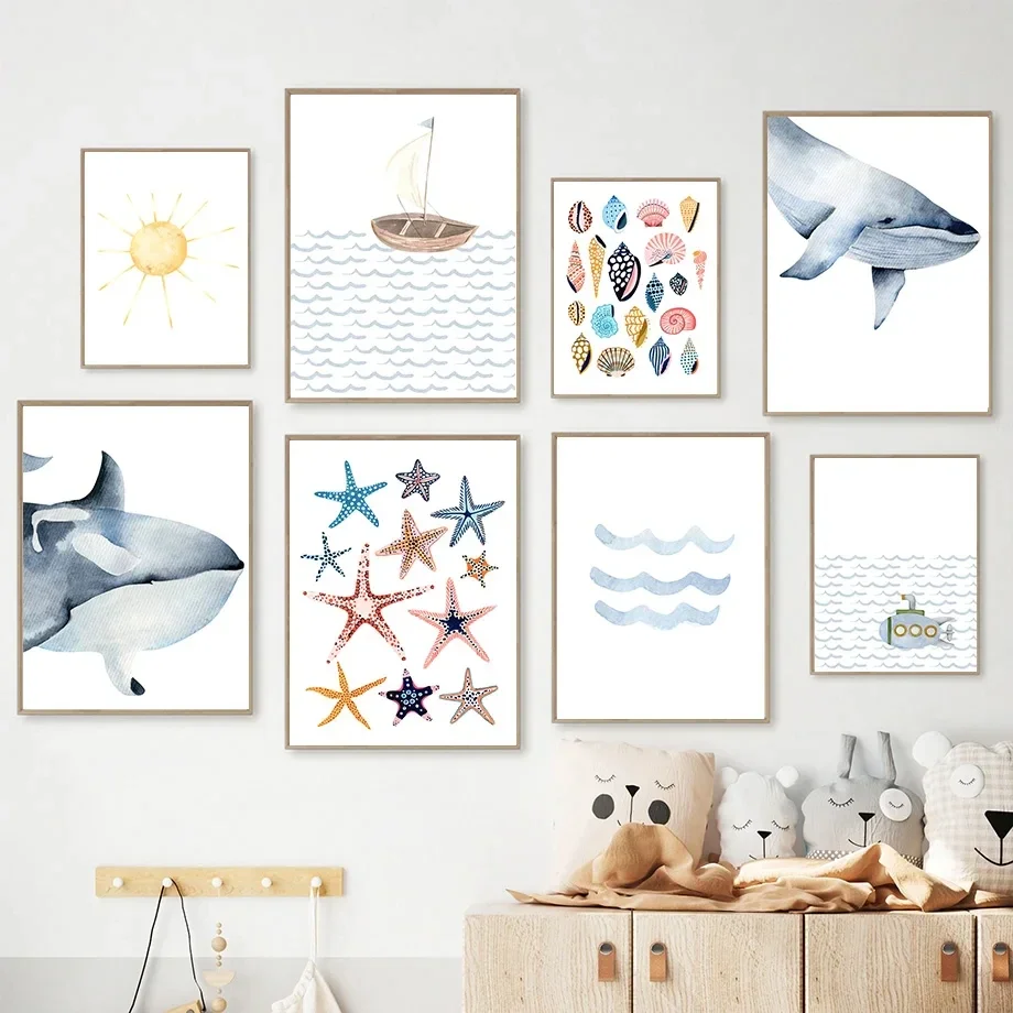 Whale Starfish Shell Sailboat Submarine Sun Ocean Wave Wall Art Canvas Painting Posters And Prints Wall Pictures Kids Room Decor