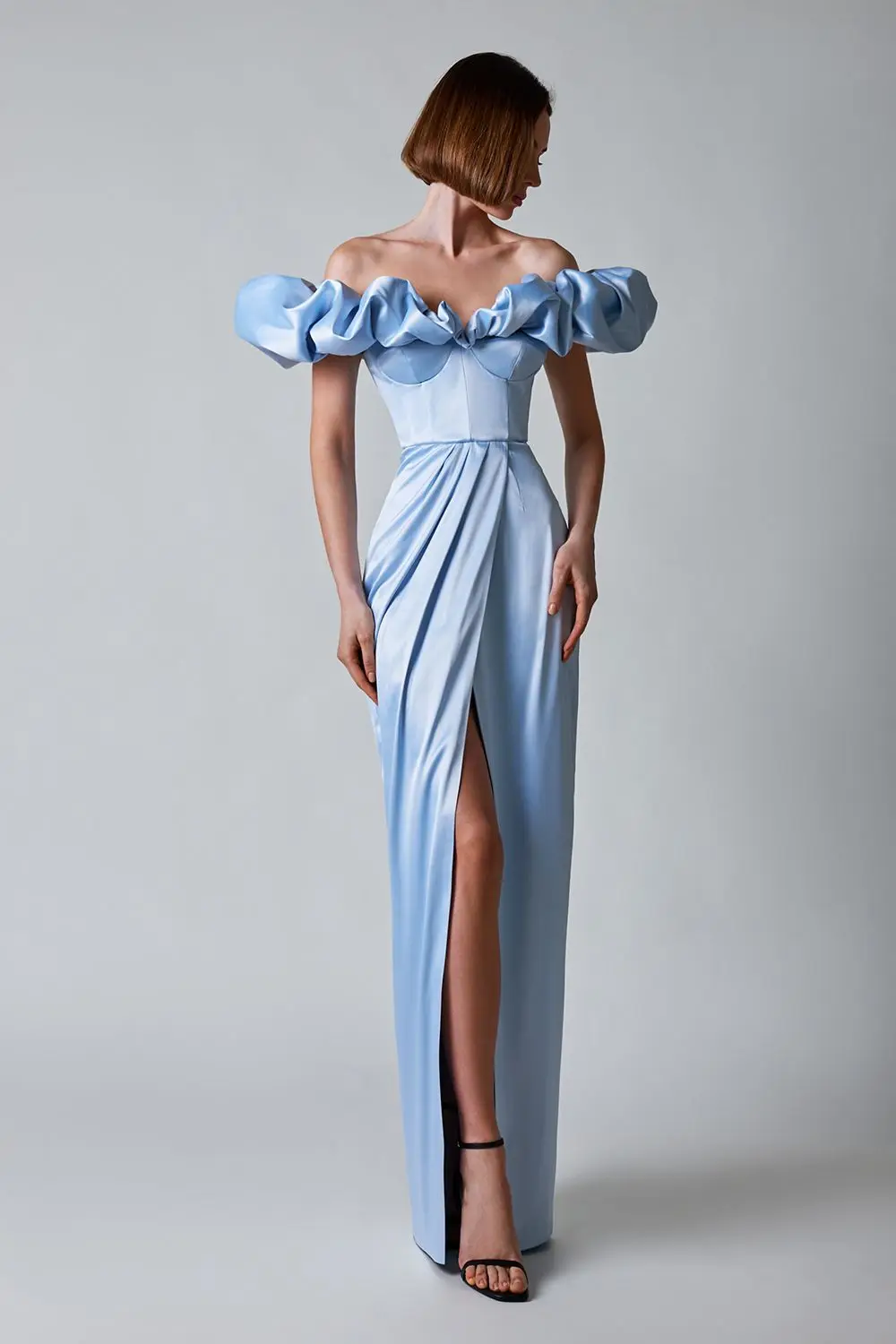 

2025 new Women's high slit commuter dinner gown, one shoulder long skirt, strapless ruffle edge dress