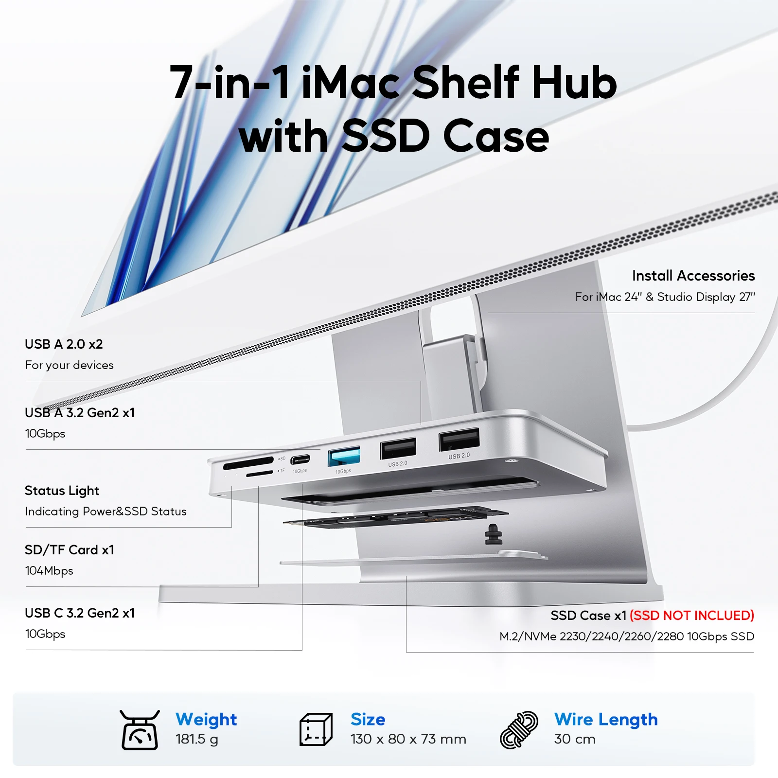 PULWTOP Hub iMac z obudową na dysk M.2 NVMe SSD, USB A/C 10 Gbps, SD/TF dla iMac24 M1/M3/M4 lub Studio Display 27 cali