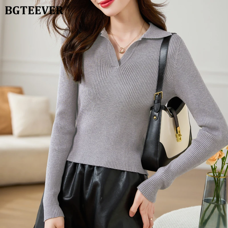 

BGTEEVER Stylish Autumn Winter Slim Lapel Women Solid Sweaters Jumpers Elegant Long Sleeve Female Skinny Knitted Pullovers Tops