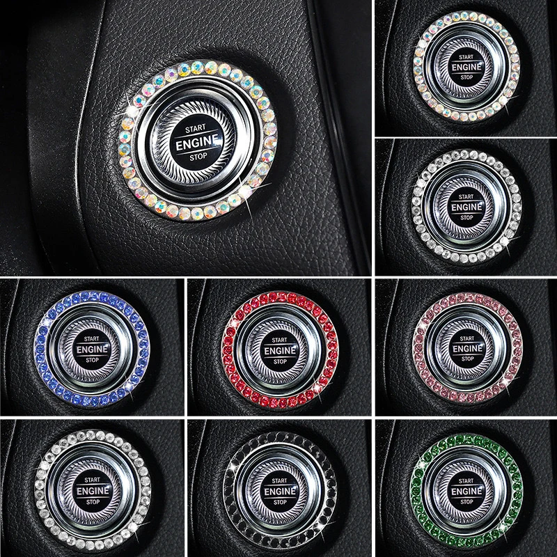 Car One-Touch Start Diamond Rhinestone Circular Ring Decoration Switch Button Drill Circle Trim Protective Sticker Car Accessory