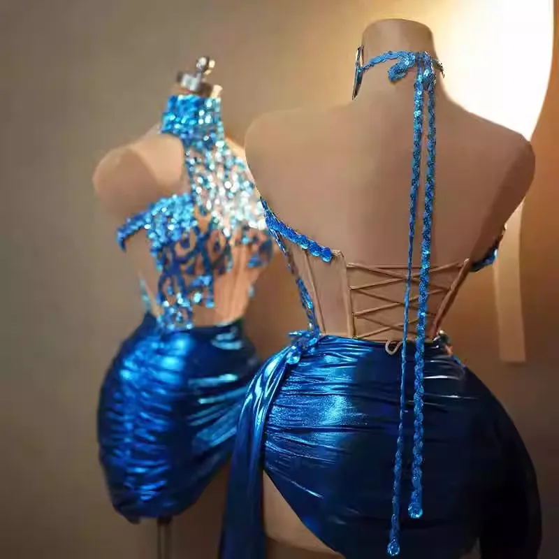 Llamativo Vestido corto azul real brillante para mujer, vestido de cantante Sexy transparente, disfraces de actuación, vestido Maxi femenino