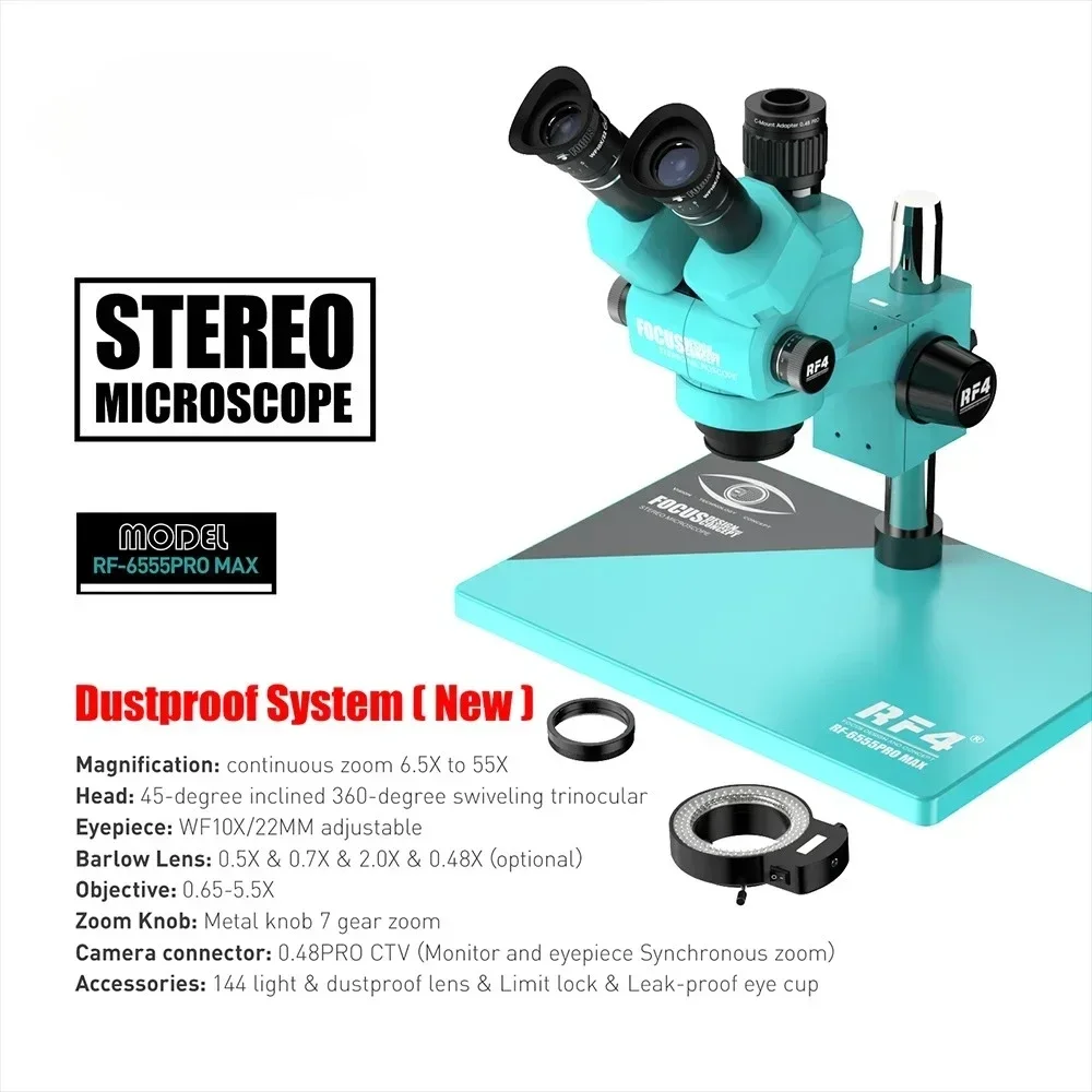 Trinocular Microscope RF4 6555PRO MAX Continuous 6.5X-55X Steel 144 LED Ring Light Mobile Phone Accessories Digital Microscope