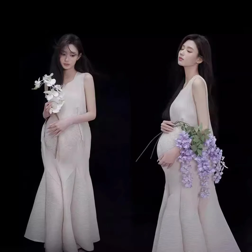 Women Elegant White Maternity Dresses for Photoshoot Stylish High End Pregnancy Gown Artistic Bump Photo Outfit Clothing for Mom