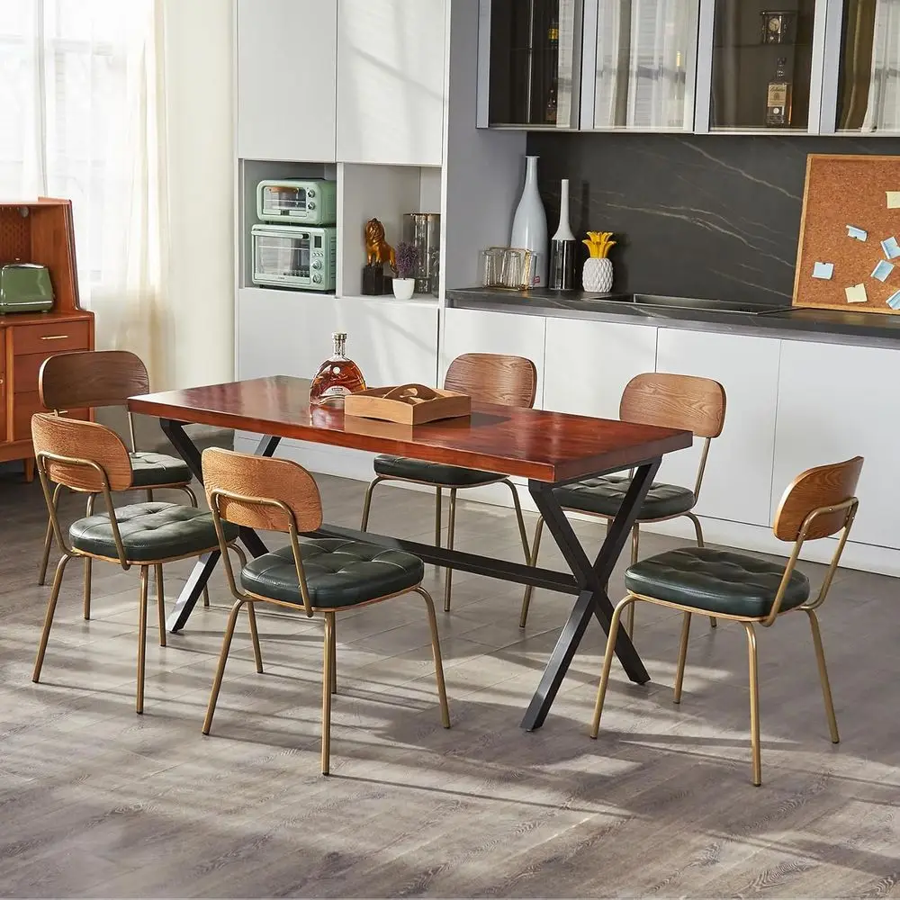 

Century ern Dining Chairs Set o 6, Retro Chair with aux Leather Upholstered Seat & Solid Wood Backrests & Vintage Distring Metal