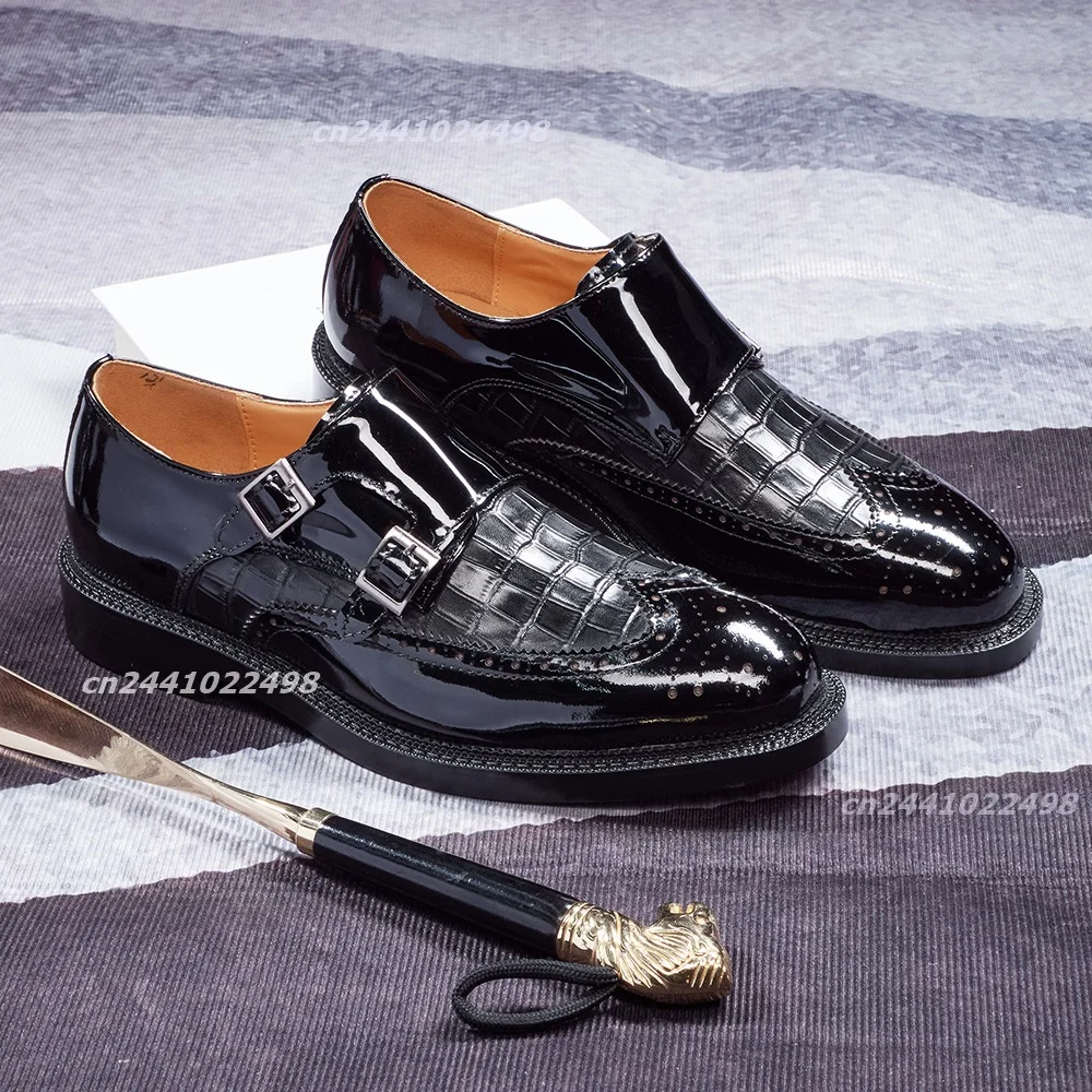 Male Two Buckles Monk Dress Shoes Scale Textured Patchwork Matte Leather Precise Edge Sewing, Low Block Heel Closed Toe Shoes