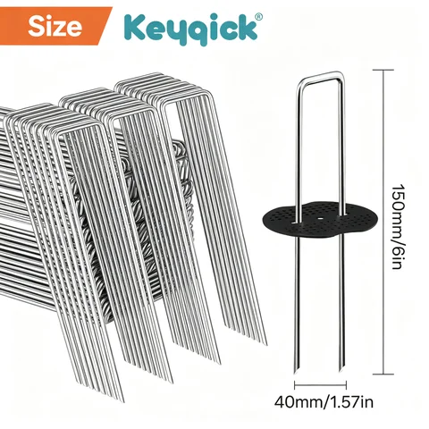 101Pcs Garden Landscape Staples Set, 50Pcs 150mm Galvanized U‑Shaped Ground Stakes + 50Pcs Plastic Washers + 1Pcs Hook Puller, for Weed Barrier Fabric, Lawn, Tent Tarpaulin, Garden Netting