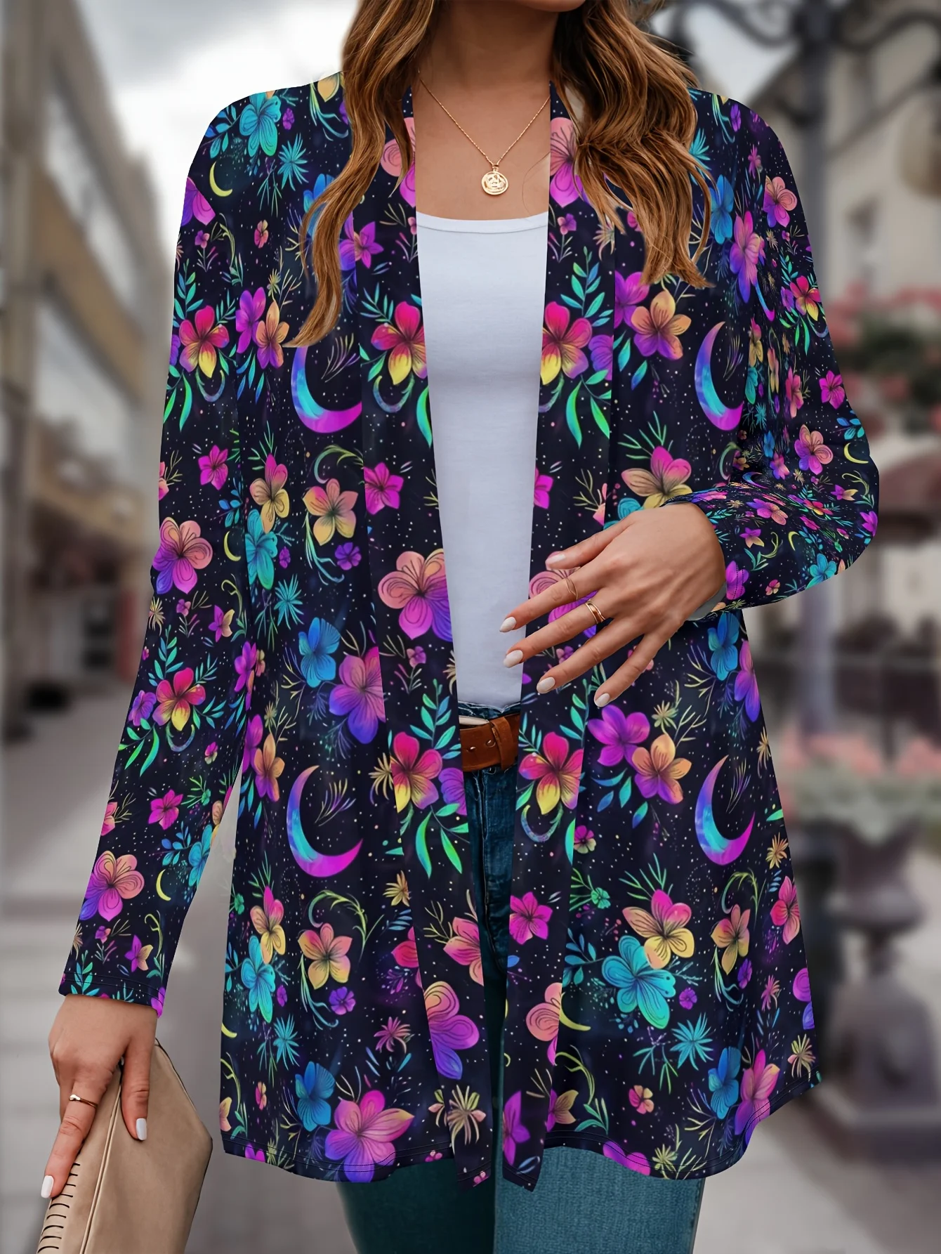 패션 여성용 3D 프린트 네온 꽃 긴 소매 카디건, 폴리에스테르 오픈 프론트, 경량 커버업, 봄 가을 캐주얼 코트