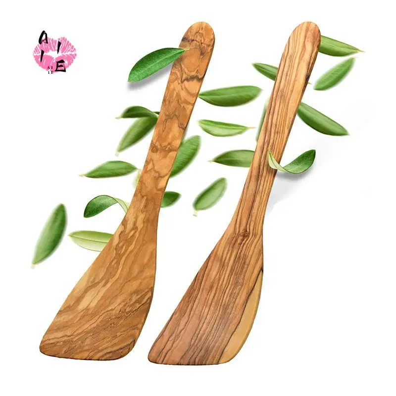 A11E-espátula de madera de oliva para cocinar, cuchara raspadora de madera con borde de fondo plano para utensilios de cocina antiadherentes, agitar, freír, mezclar