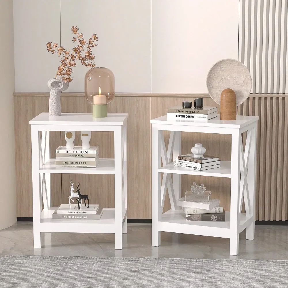 

Set Of 2 Nightstand With 3Tier Open Shelves XShape Metal Frame Bedside Table, Small End Table For Bedroom Living Room,White