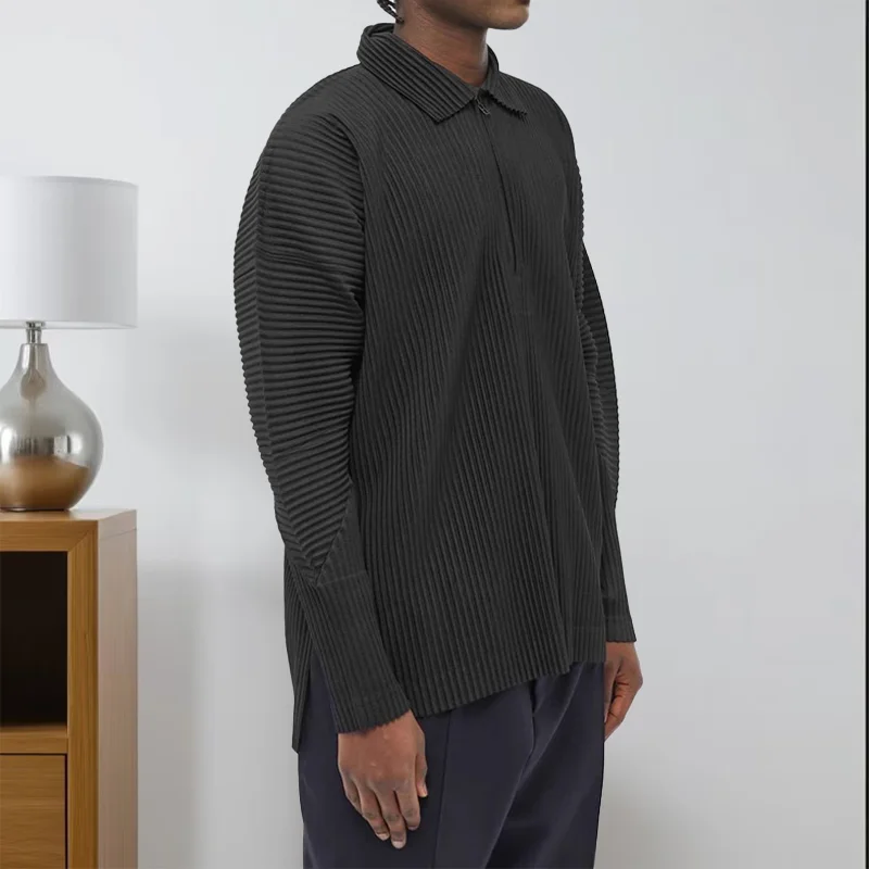 

Miyake Pleated Men's Polo Shirt Long-sleeved 2025 New Sports Leisure Solid Zipper Pullover Bottoming Shirt Pleated Tops Men Tide