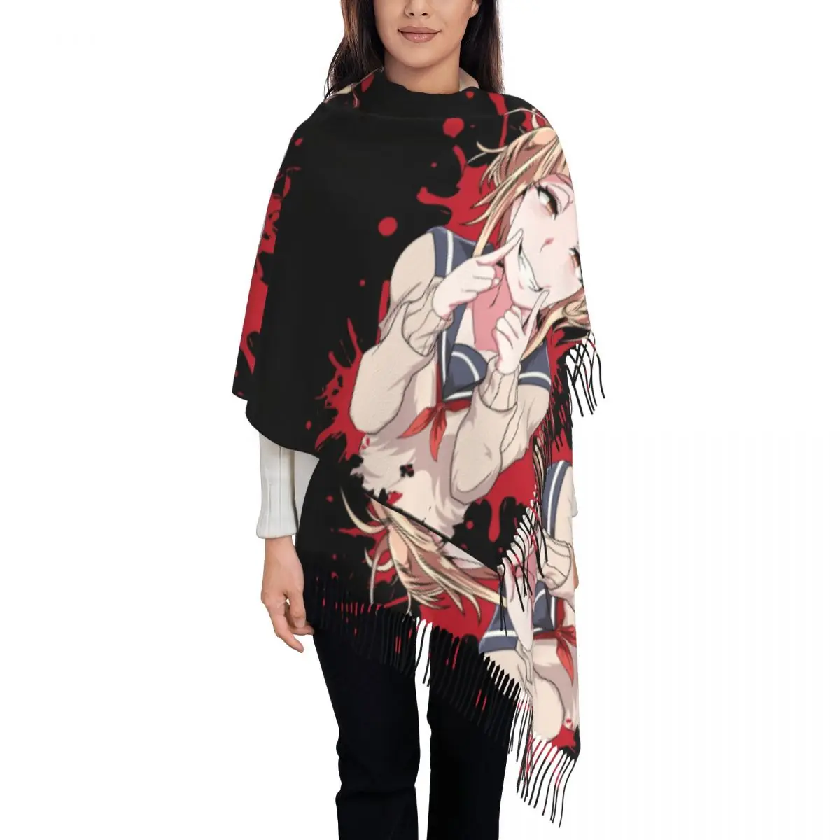 

Женские большие шарфы My Hero Academia в японском стиле аниме, женские зимне-осенние толстые теплые шаль с кисточками, милый шарф Himiko Toga