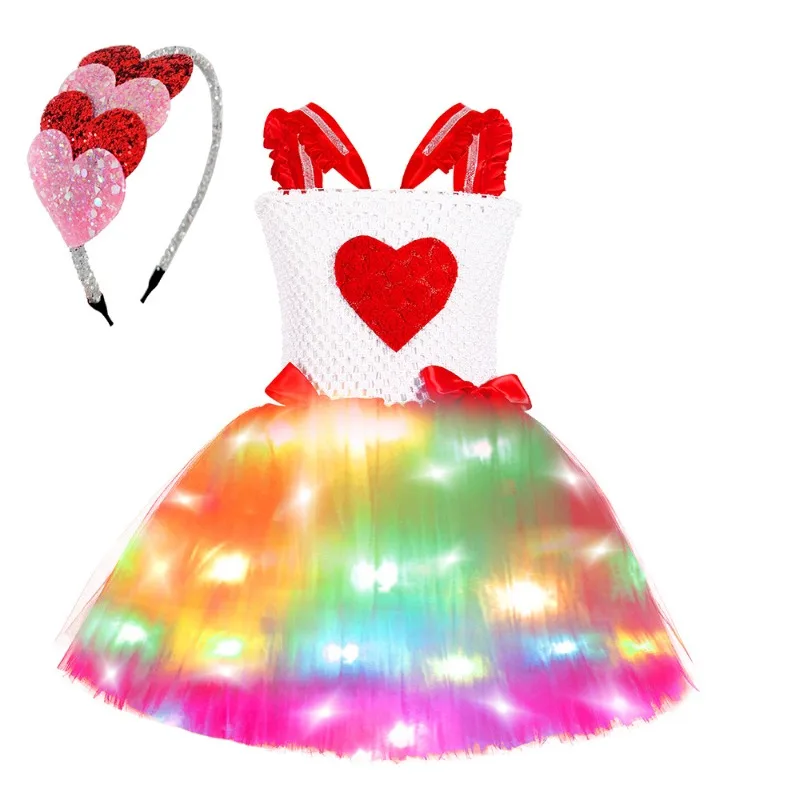Girls' Tutu Dress with LED Heart Sequins,Glowing Princess Costume for Kids Holiday Party & Stage Performance,Red Dress for Party