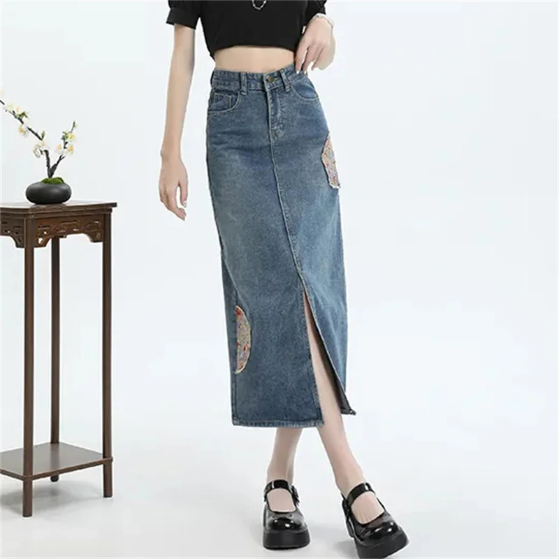 

2024 New,Spring Autumn Chinese style Embroidered Denim Skirts, for Women's Clothing,Summer Retro High Waisted Slit Jeans Skirt,