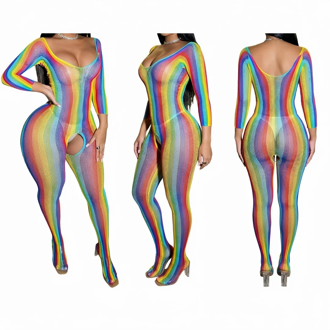 Fashion Rainbow-colored Stripes Bodysuit Woman Sexy Lingerie Sheer Curve-Hugging Dress Colorful Fishnet Bodystocking Sexy Set