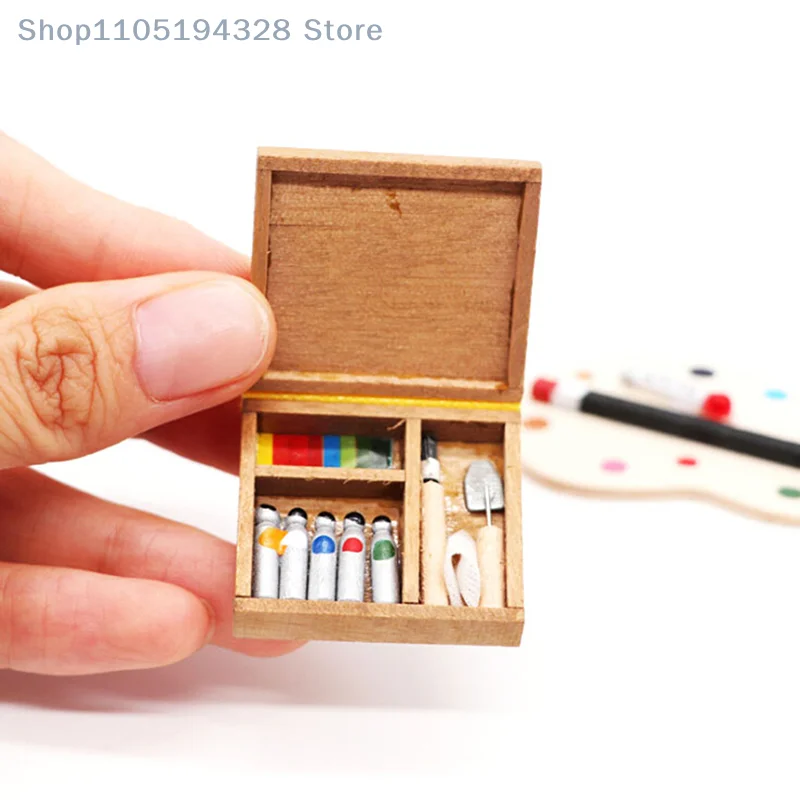 1:12 Dollhouse Miniature Artist Paint Pen Wood Box Model Toys Dolls Accessories