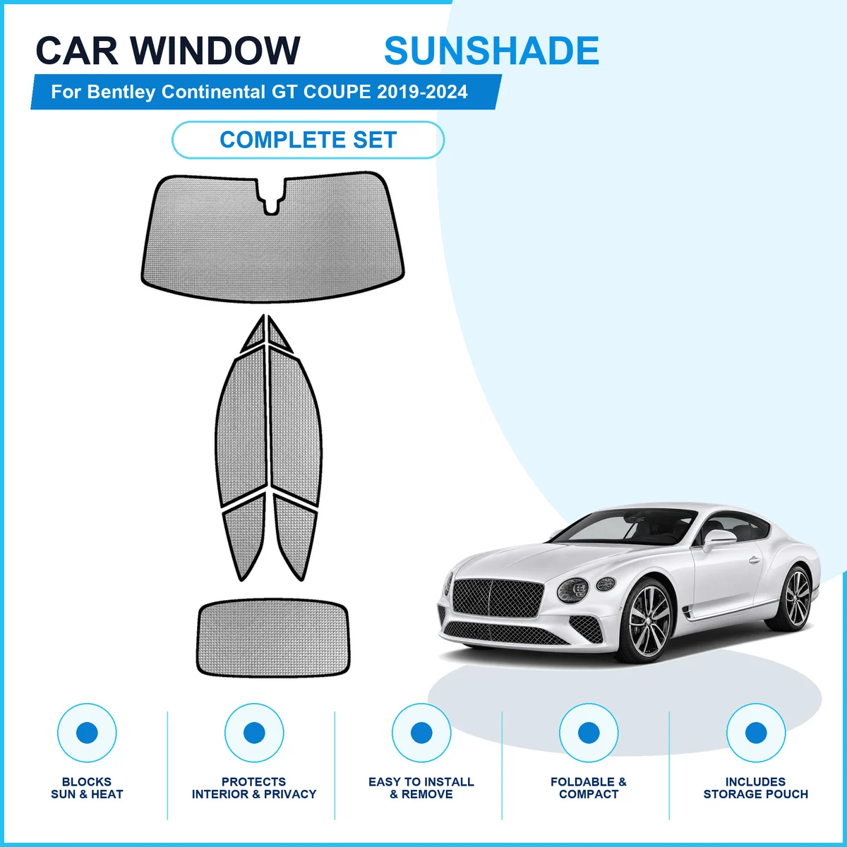 For Bentley Continental GT COUPE 2019-2024 Custom Full Set Window Sunshades Aluminum Foil Suction Cup Anti UV Privacy