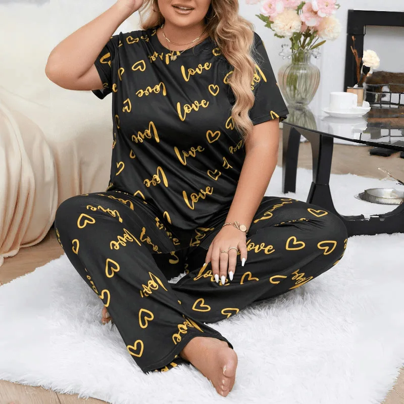2026 Spring/Summer New Plus Size Home Wear Heart-Shaped Round Neck Short-Sleeved Pants Women's Pajama Set