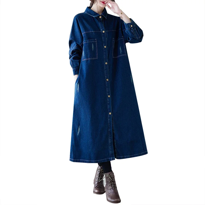 Women Fall Winter Long Denim Jacket Jean Turn Down Collar Pockets Korea Single Breasted Coat Thicken Warm Outerwear