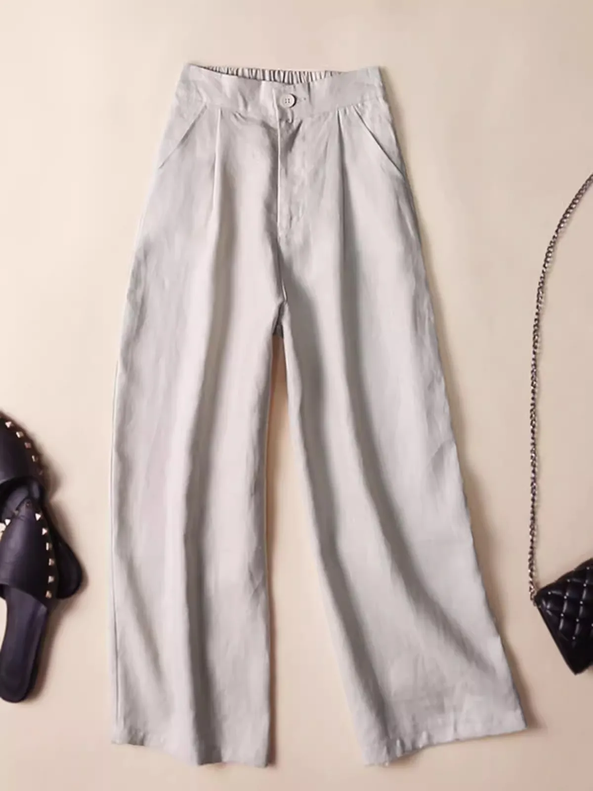 กางเกงขายาวผ้าลินินสีชมพูทรงขากว้างสำหรับผู้หญิง ใส่สบายในฤดูร้อน ดีไซน์เรียบง่าย ช่วยให้ดูผอมลง สไตล์ลำลอง ผ้าฝ้ายผสมลินิน ความยาวเก้าส่วน เหมาะสำหรับใส่ไปทำงาน