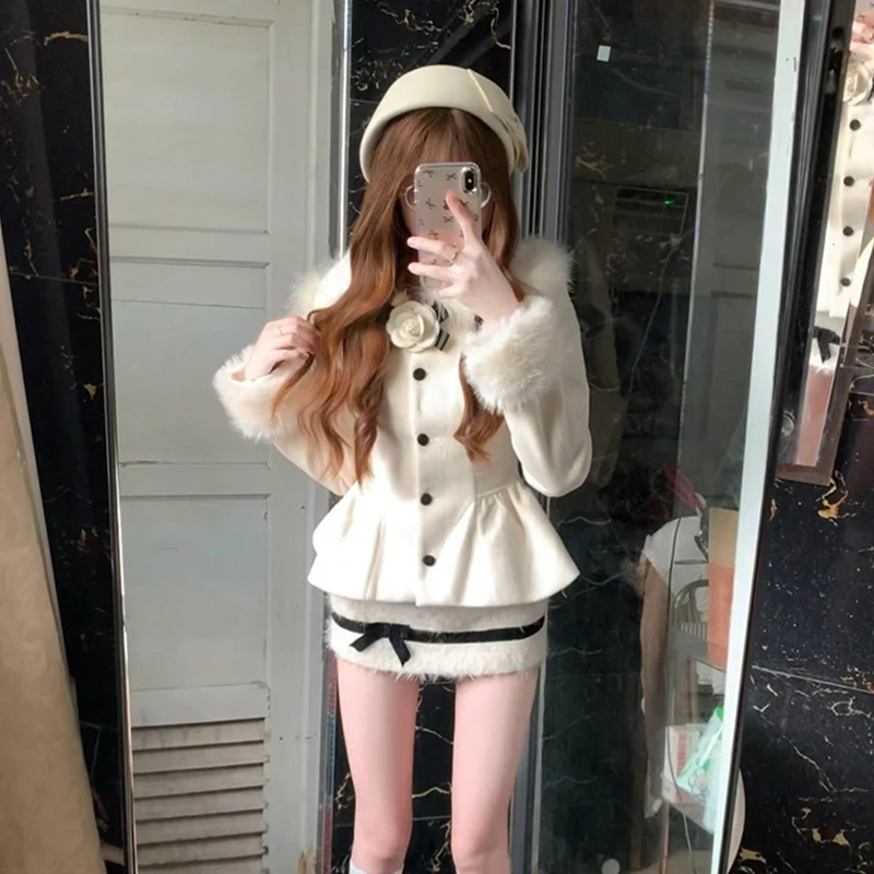 2 Piece Set Women Outfit Cropped Faux Woolen Jacket Elegant Bow Mini Skirt Sweet Korean Faux Fur Patchwork Coat Winter Outfits