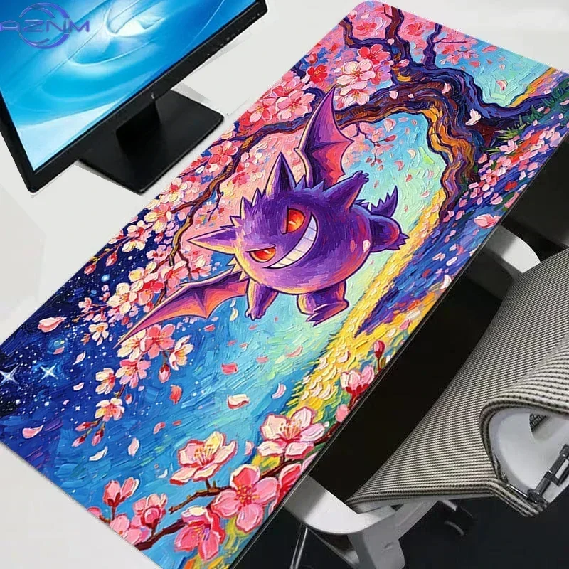 Pikachu Starry Night Cherry Blossom Van Gogh Style Large Mousepad, Rubber Non Slip Desk Mat for Gaming and Office Desktop Decora