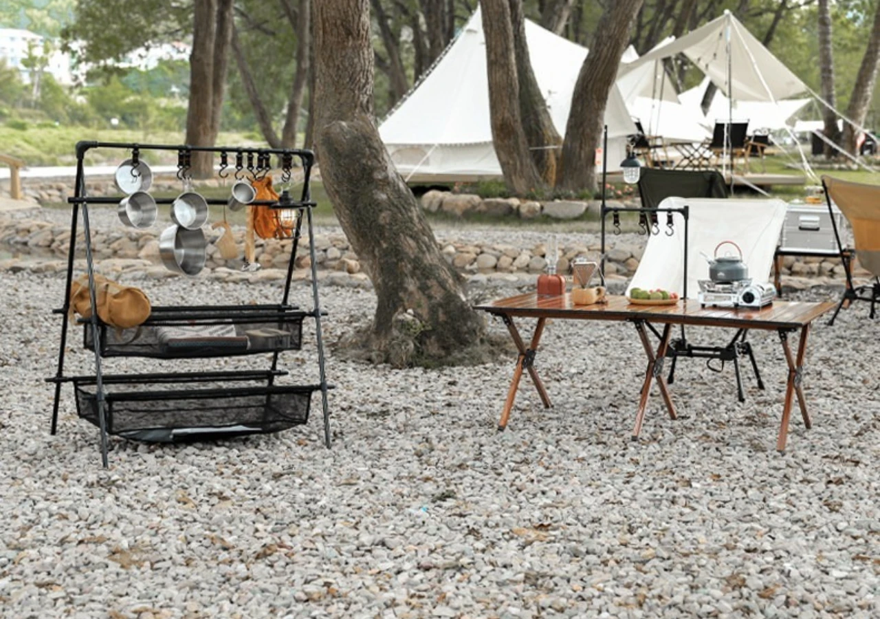 Picnic Under Table Storage Bag Desk Storage Box Tripod Mesh Basket Organizer Camping Table Tripod Rack for Picnic Camping