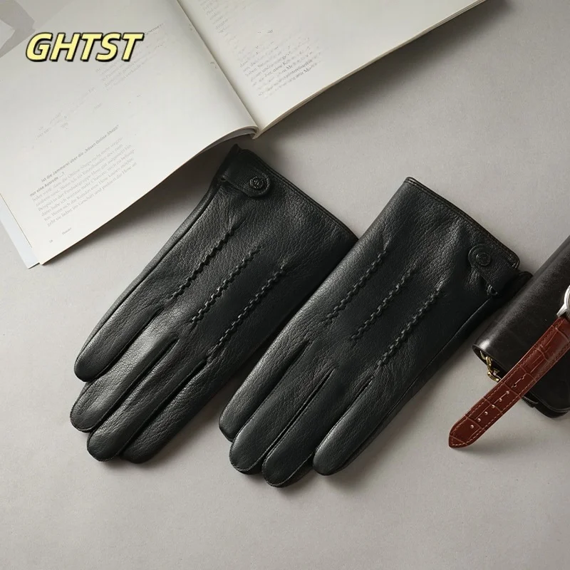 2025 New Men's Cycling Gloves Real Leather Gloves Genuine Sheepskin Men Gloves Autumn Winter Windproof Warm