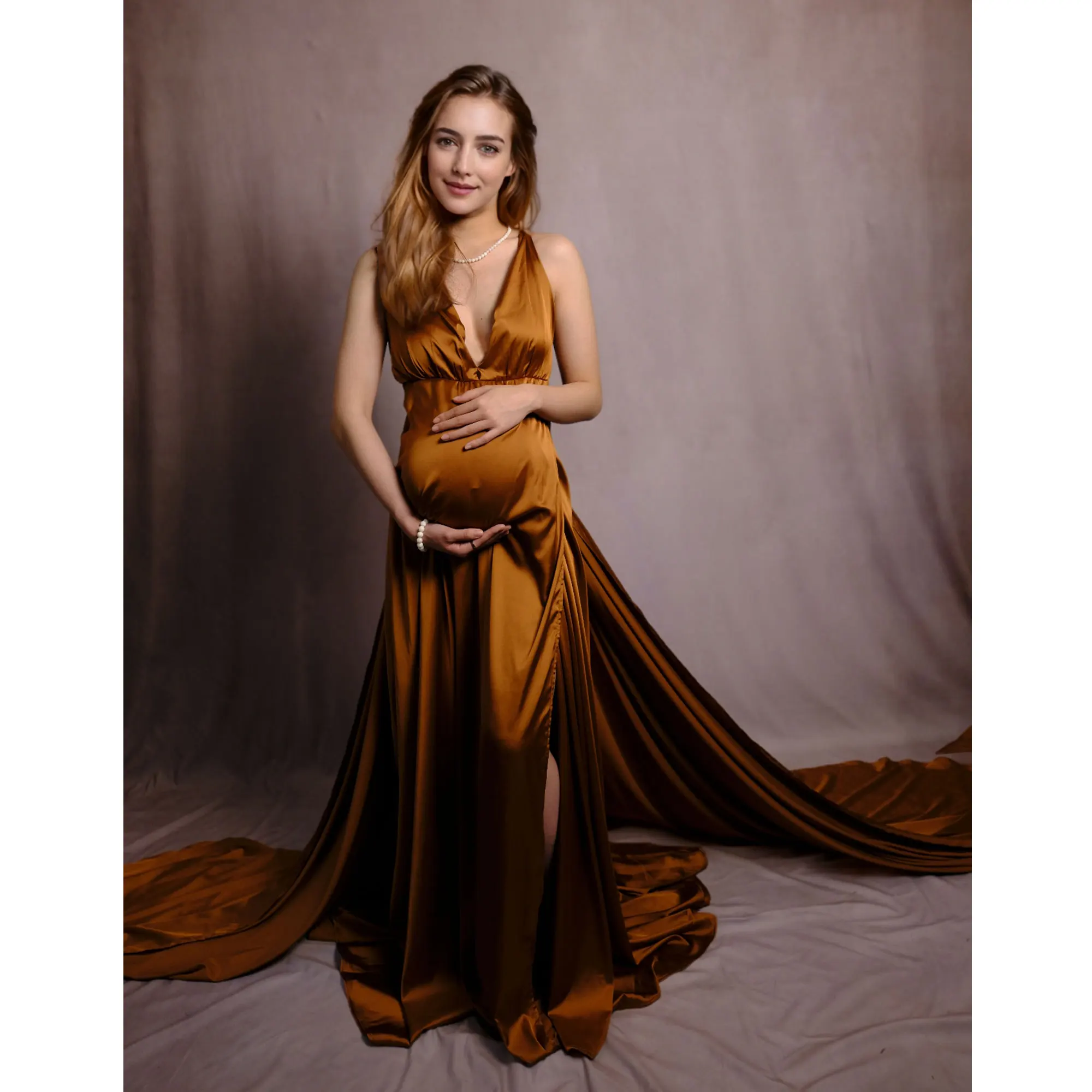 Autumn Silk-like Maternity Photography Dresses Two Pieces V-Neck Backless Slit Side Dress for Pregnancy Woman Party Outfits Prop