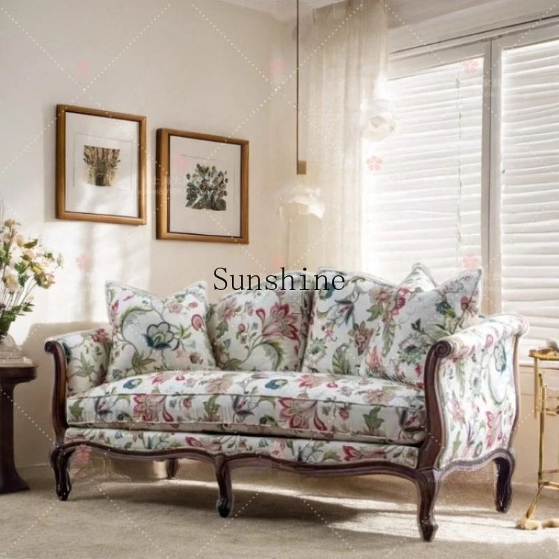 

American retro small apartment solid wood fabric living room three-person sofa combination, pastoral double