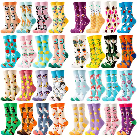 4 Pairs of Kawaii Women Socks Happy Funny Socks Fruit Harajuku Candy Colors Mid Socks Casual Socks