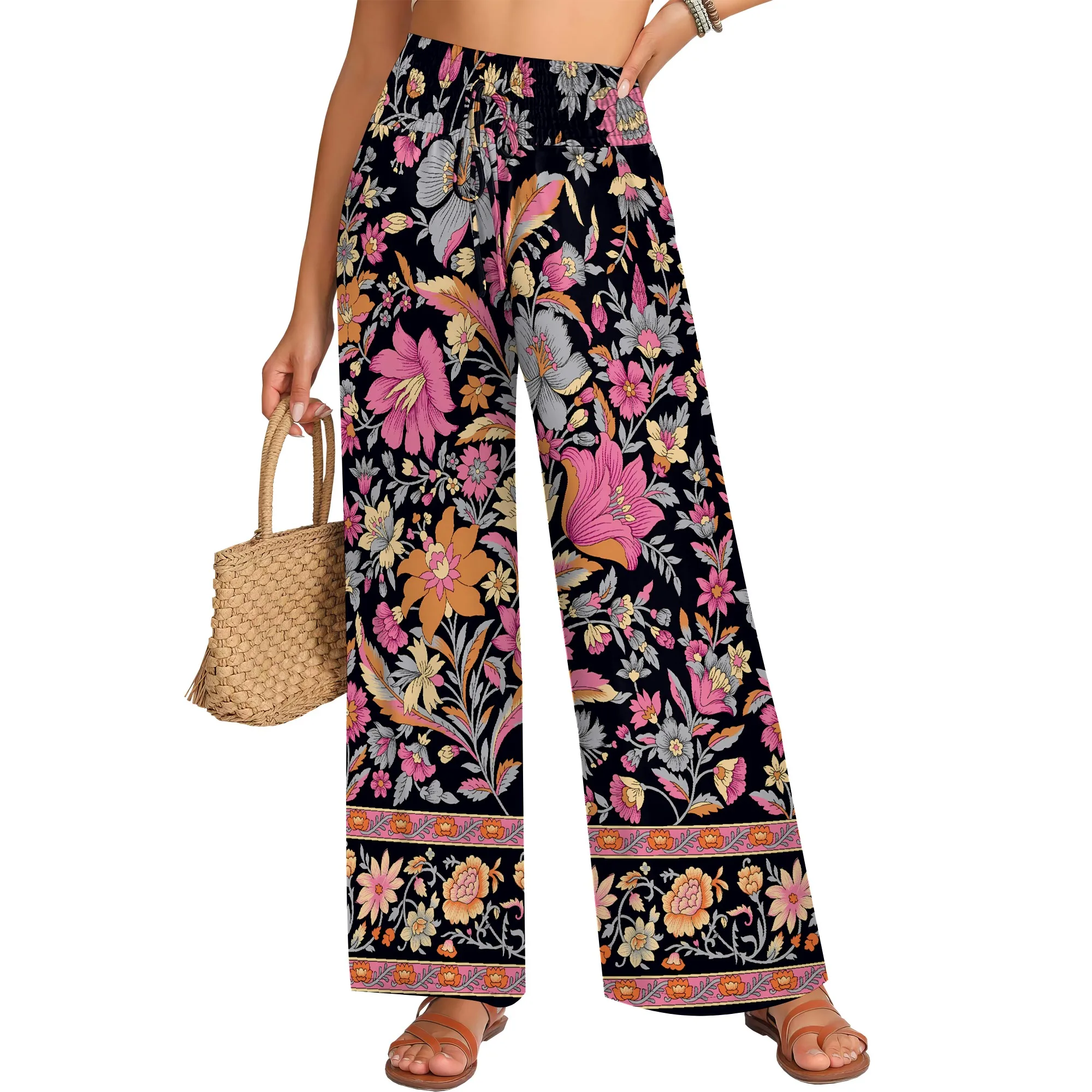 Nupusa Floral Print Pants for Women Standard Size Summer Casual High - Waist Wide Leg Pants