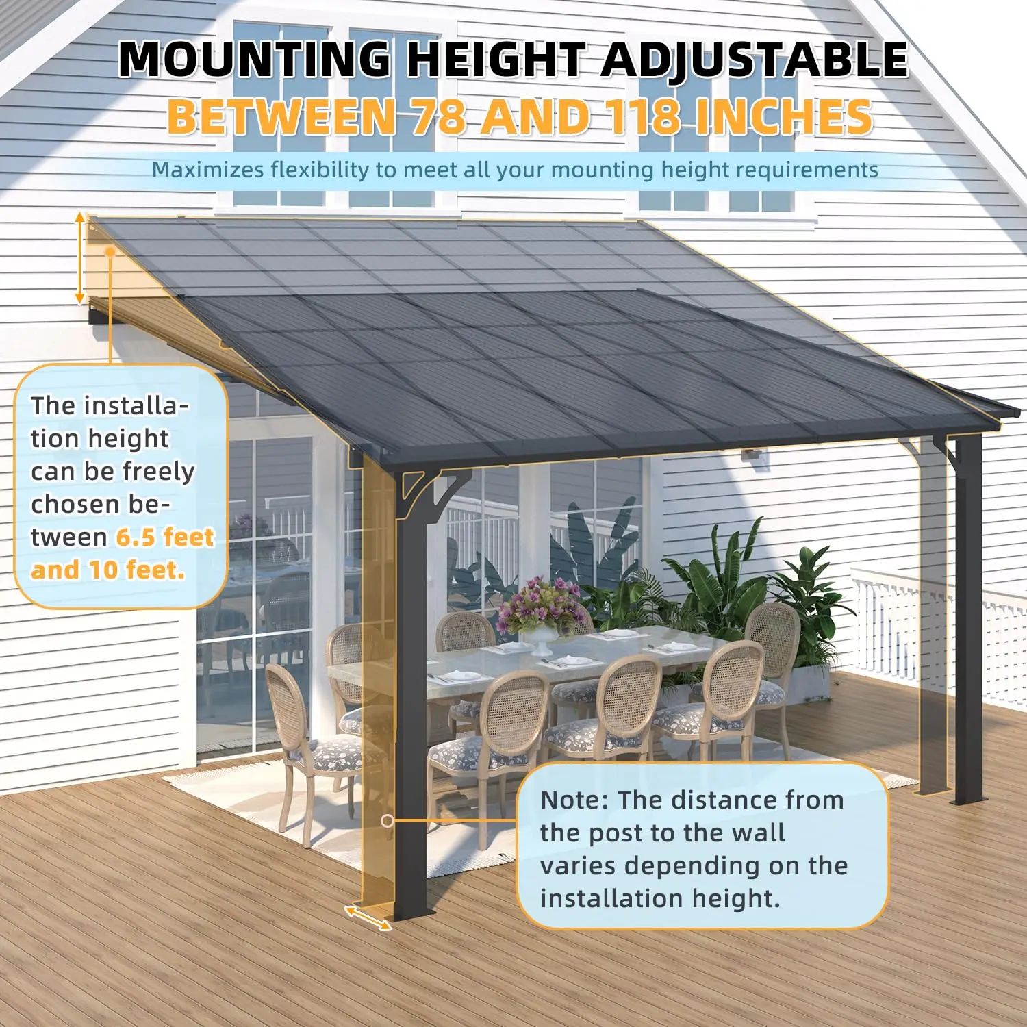 Adjustable Height 10x12ft Outdoor Lean to Gazebo for Patio, Wall-Mounted 6.5-9.8ft Hard Top Metal Awning Shelter, Customized