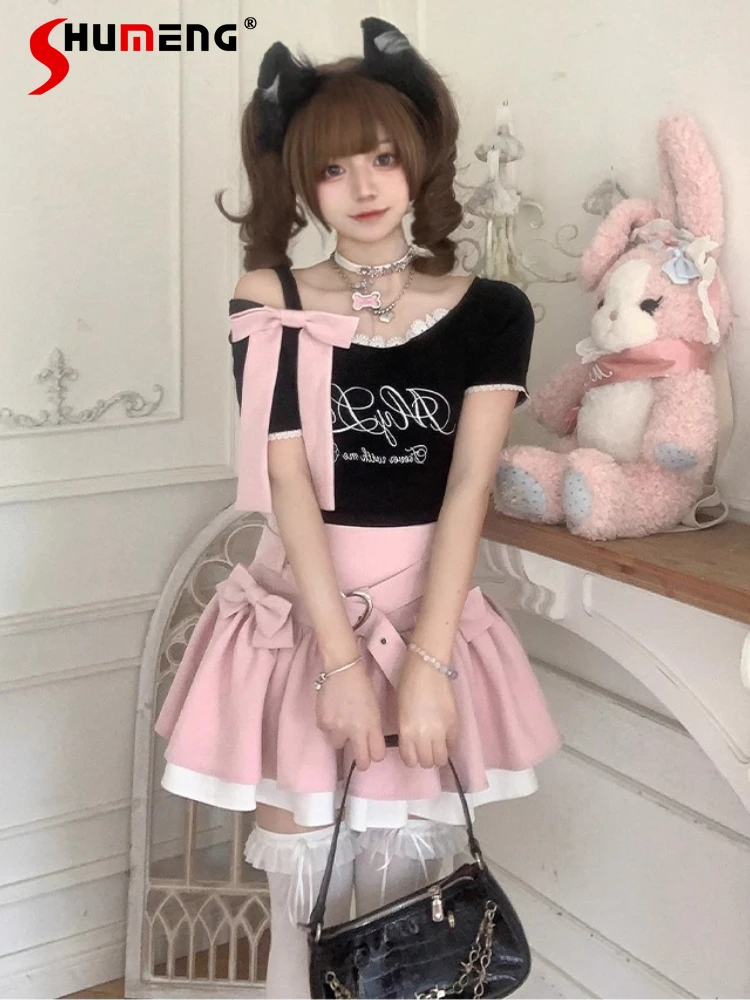 

Sweet Cute Girl Y2K Skirt 2025 Summer New Lolita Skirts Bow Heart Buckle High Waist A-line Versatile Pleated Mini Skirt Women