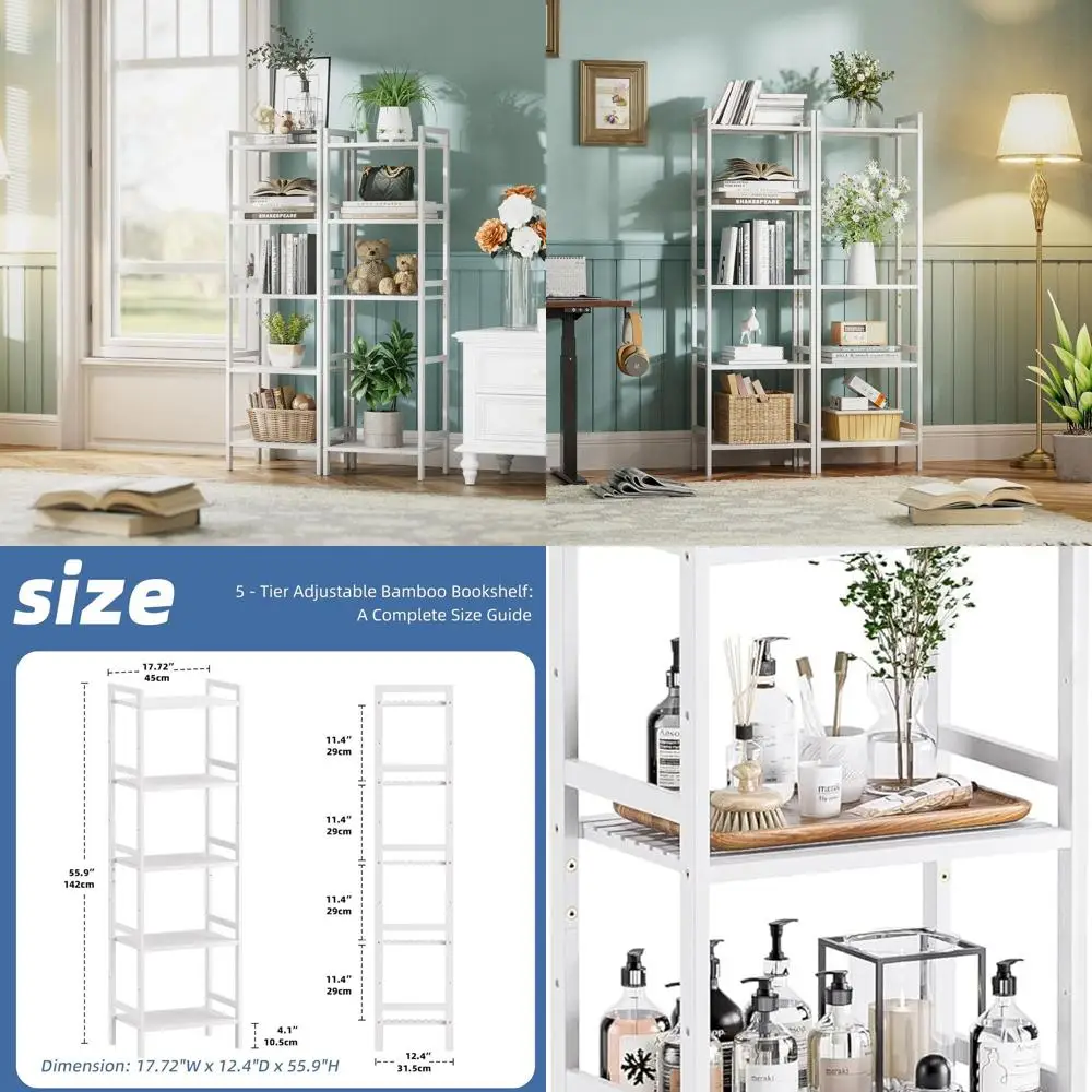 رف كتب نحيف باللون الأبيض مكون من 5 طبقات مع أرفف قابلة للتعديل لتخزين المكاتب المنزلية وغرفة النوم