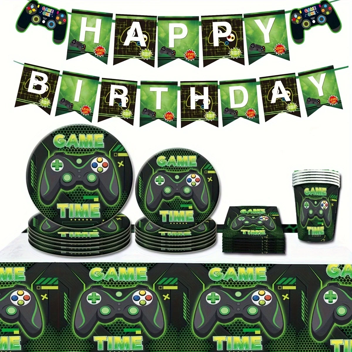 1/10pcs Green Game Theme Birthday Party Decoration Tableware Singles Paper Plates Paper Cups Paper Towels Pull Flags Tableware