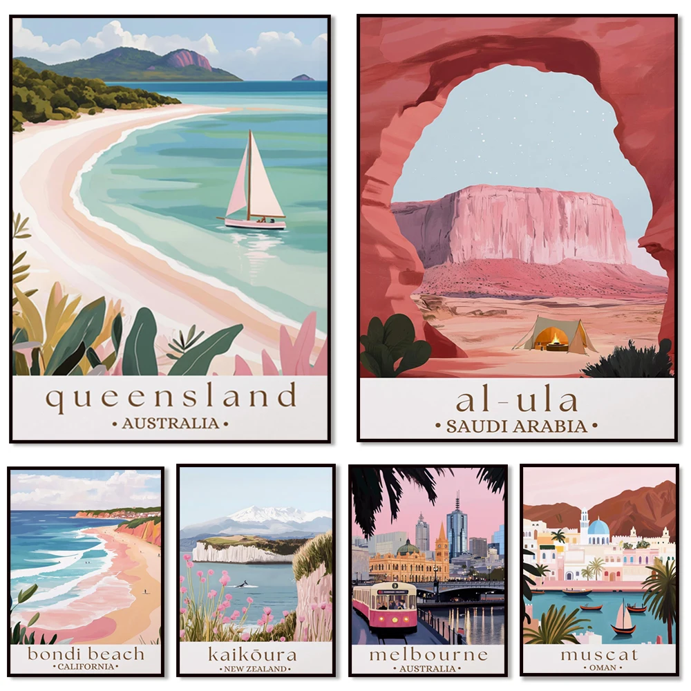 Bondi Beach, Uluru, Great Barrier Reef, Arabian Sand Dunes, New Zealand, Dubai, Islam, Melbourne, Middle East travel posters
