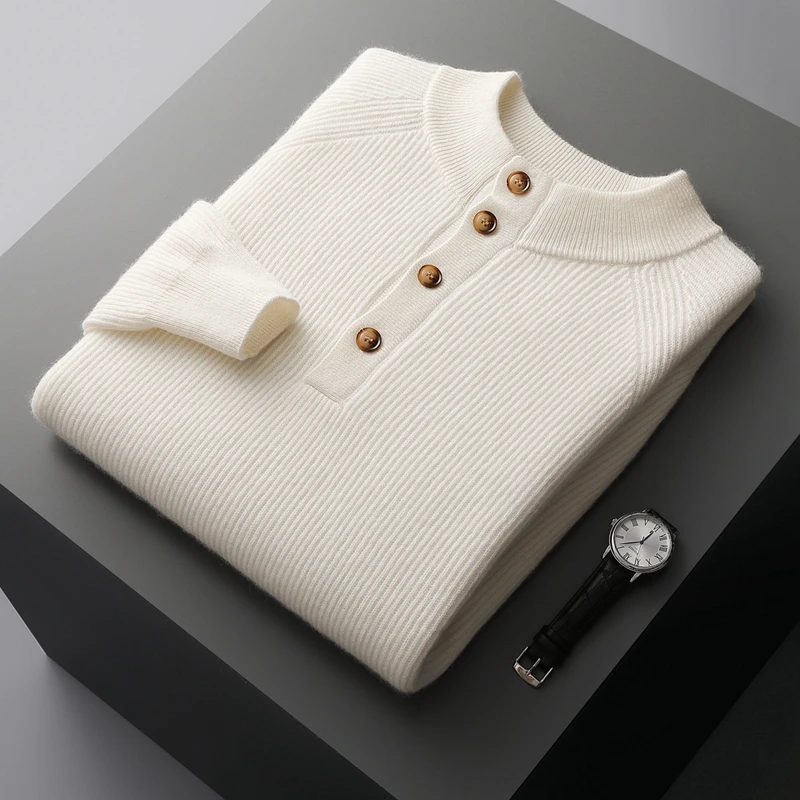 

Double Thickened Half-Open Button 100% Cashmere Sweater for Men, Half High Collar, Yuanbao Stitch Base Sweater, Pullover Sweater
