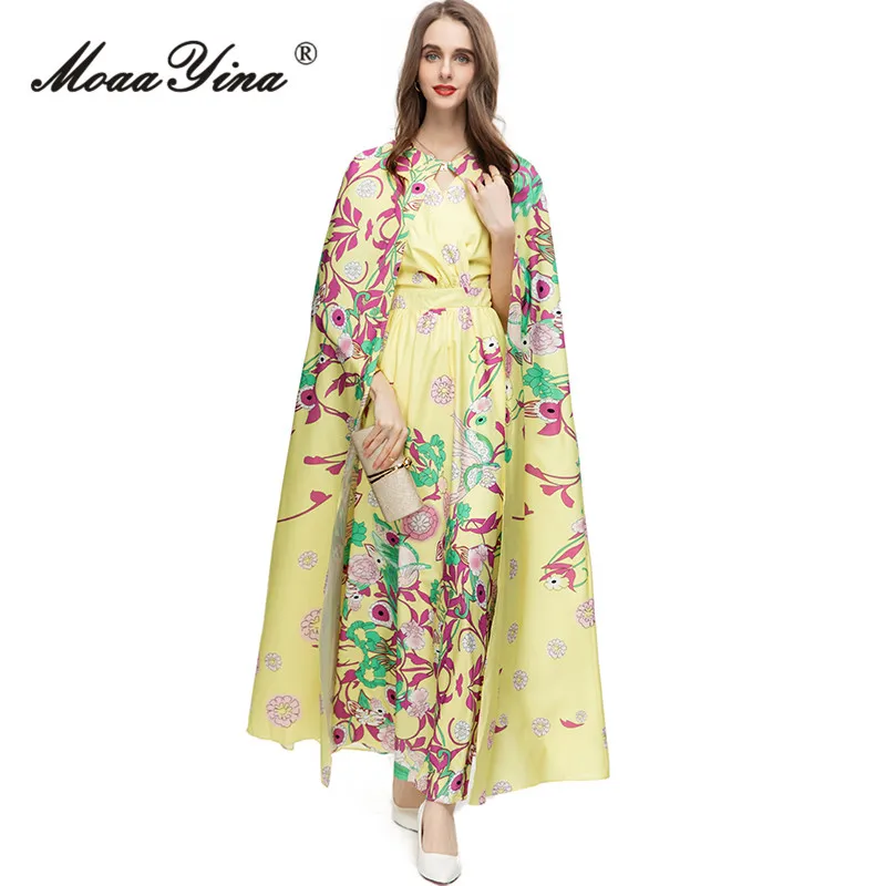 MoaaYina-vestido con estampado Floral Vintage para mujer, conjunto de 2 piezas con capa larga y cuello en V, cintura elástica, Chaleco Ajustado